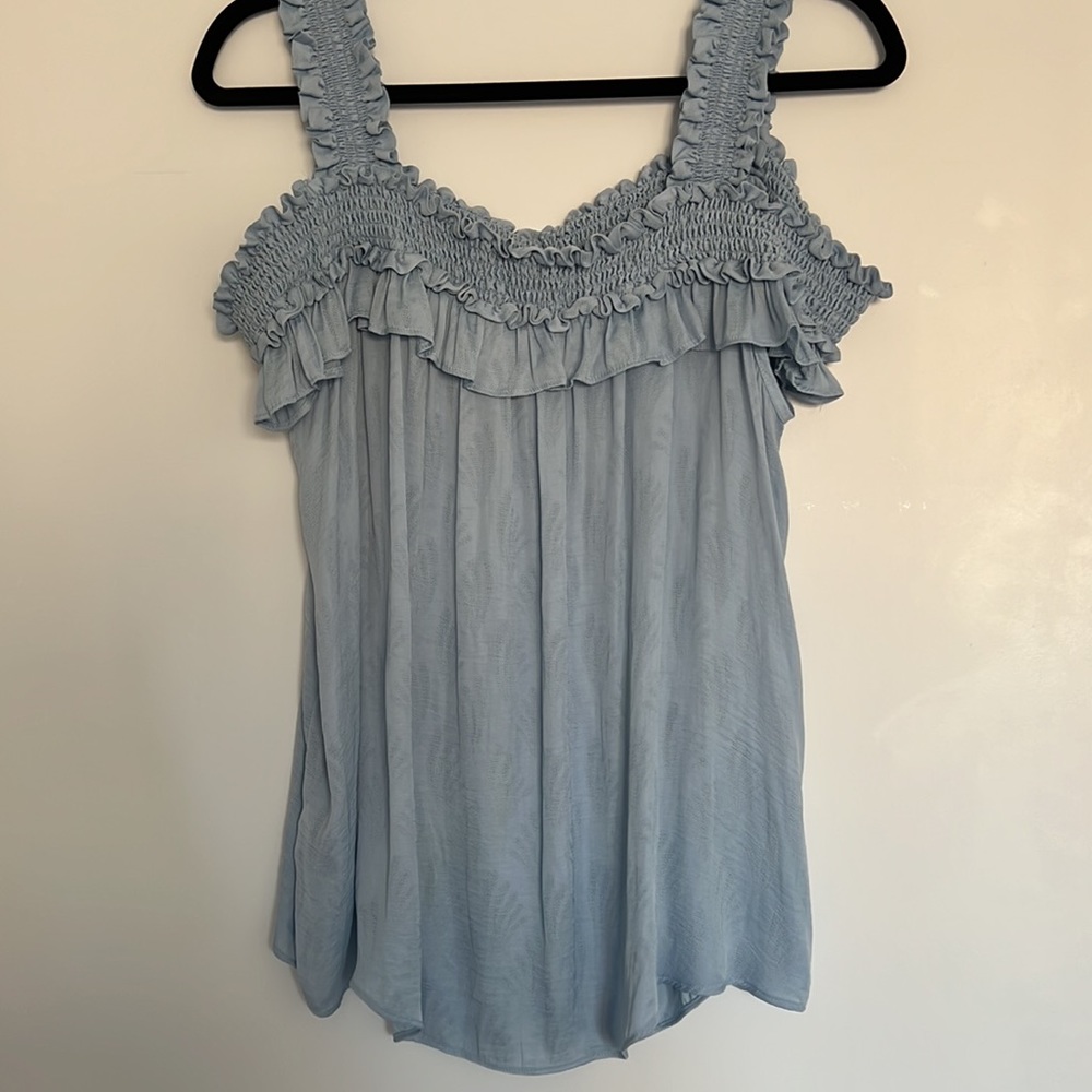 Anthropologie Blue Cold Shoulder Ruffle Smock Top - PERFECT FOR SPRING!